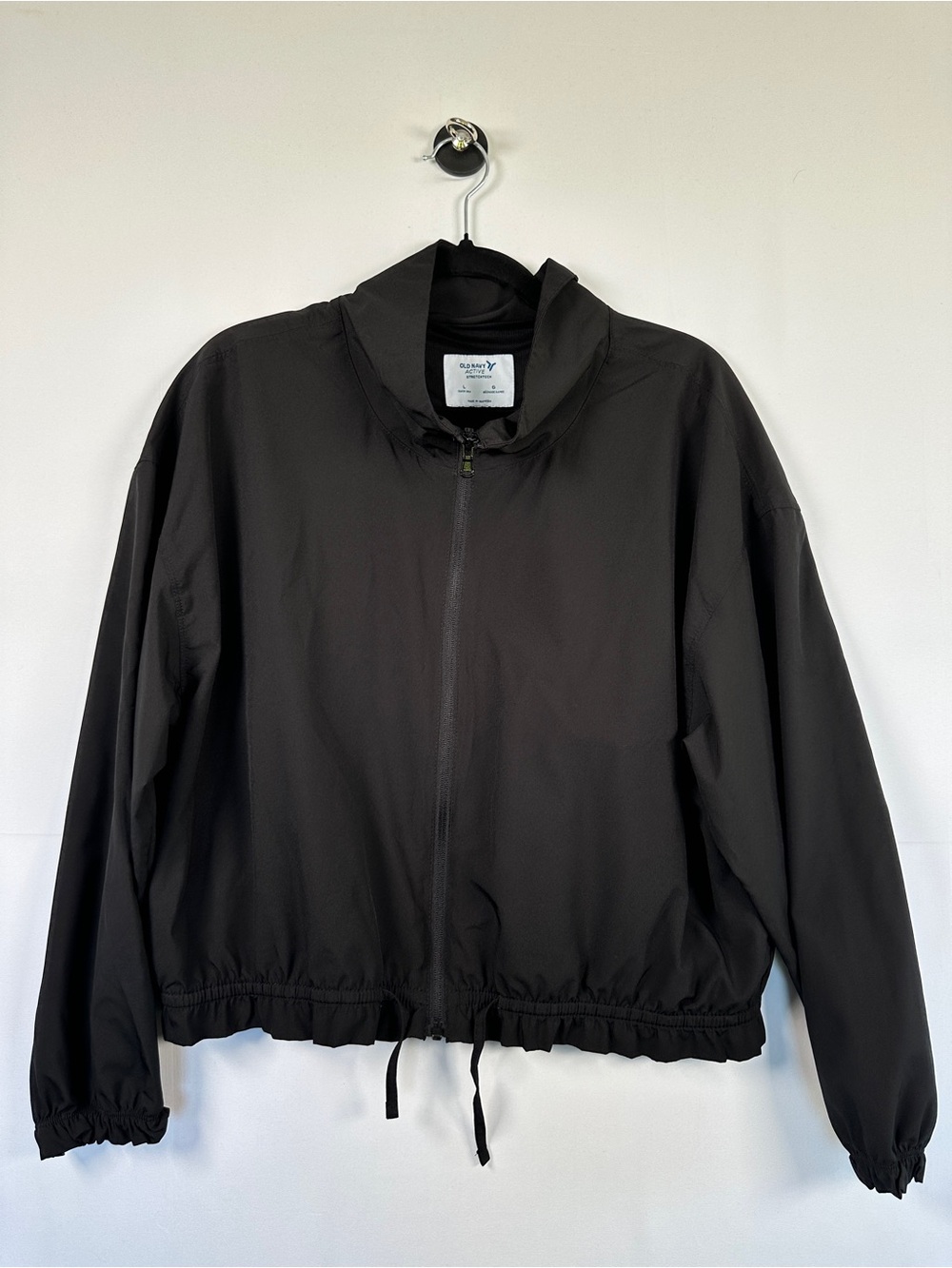 Old Navy Black Cropped Windbreaker Bomber Jacket Drawstring Hem Size L